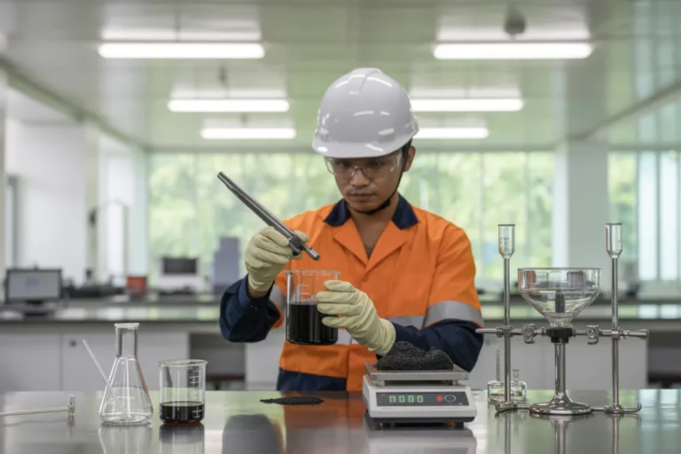 seorang peneliti sedang mengukur berat jenis aspal